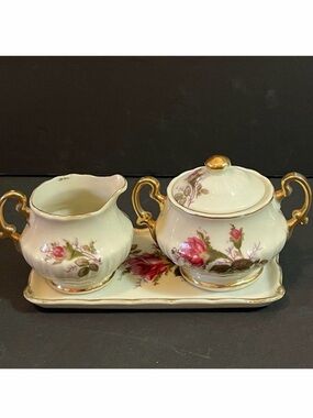 Royal Sealy Japan Individual Creamer Sugar Tray Set Roses Victorian Feminine